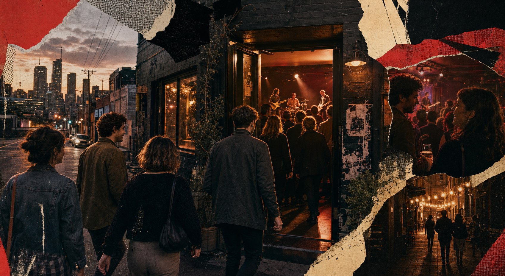 People arriving at an independent local music venue while a band performs inside
