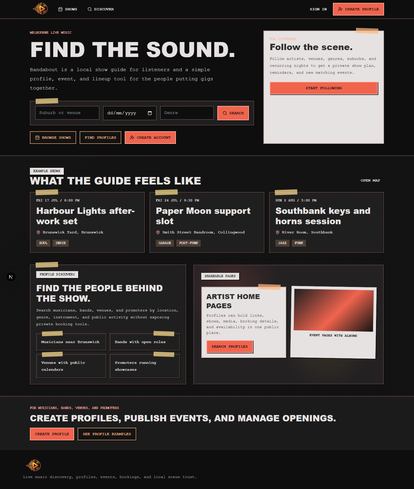 BandAbout's live music guide showing search, example shows, profiles, and shareable pages